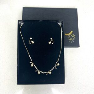 New PCI gold tone with faux pearl and rhinestone necklace and earring set